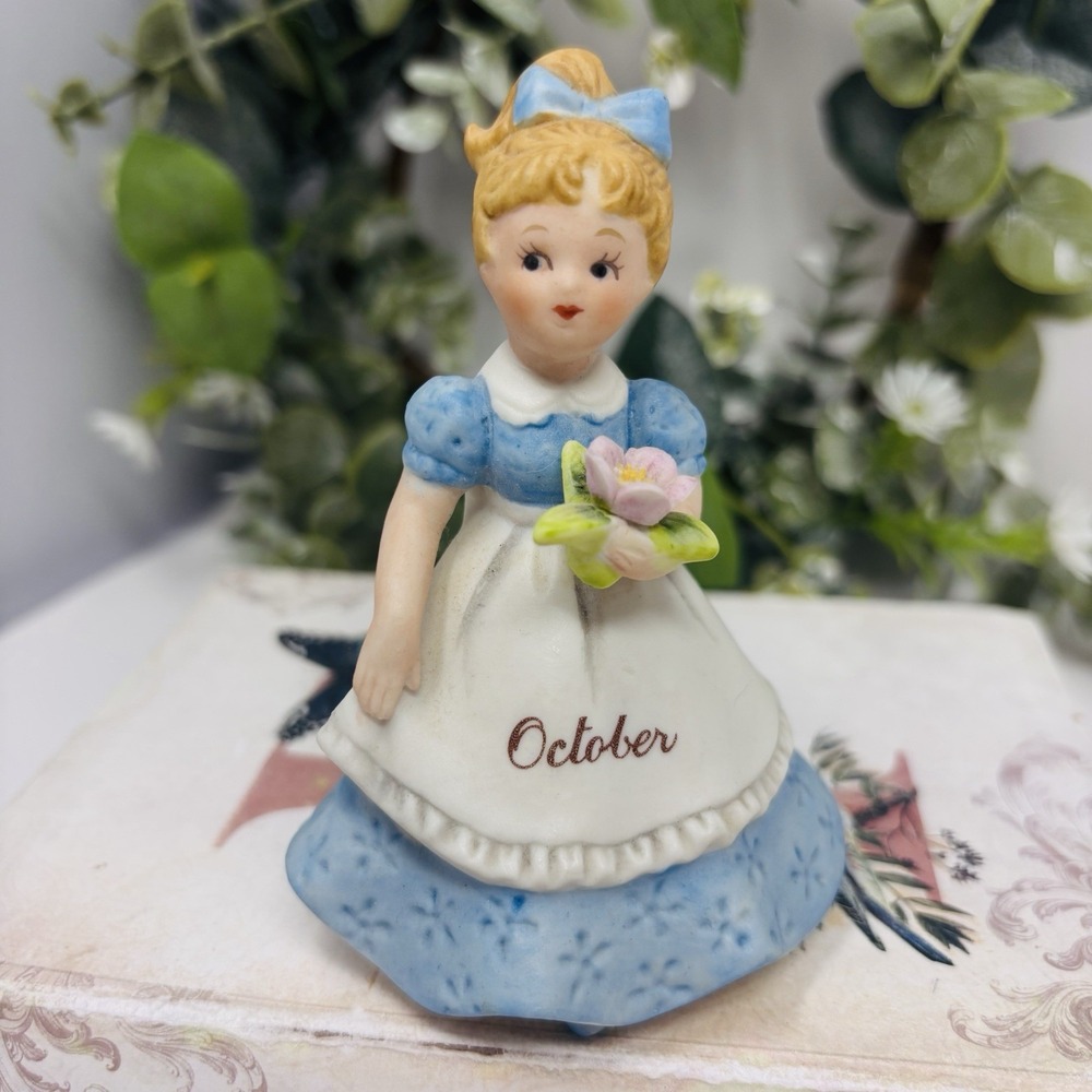 Lefton China Hand Painted Porcelain Girl Blue October Birthday Figurine 3.5"